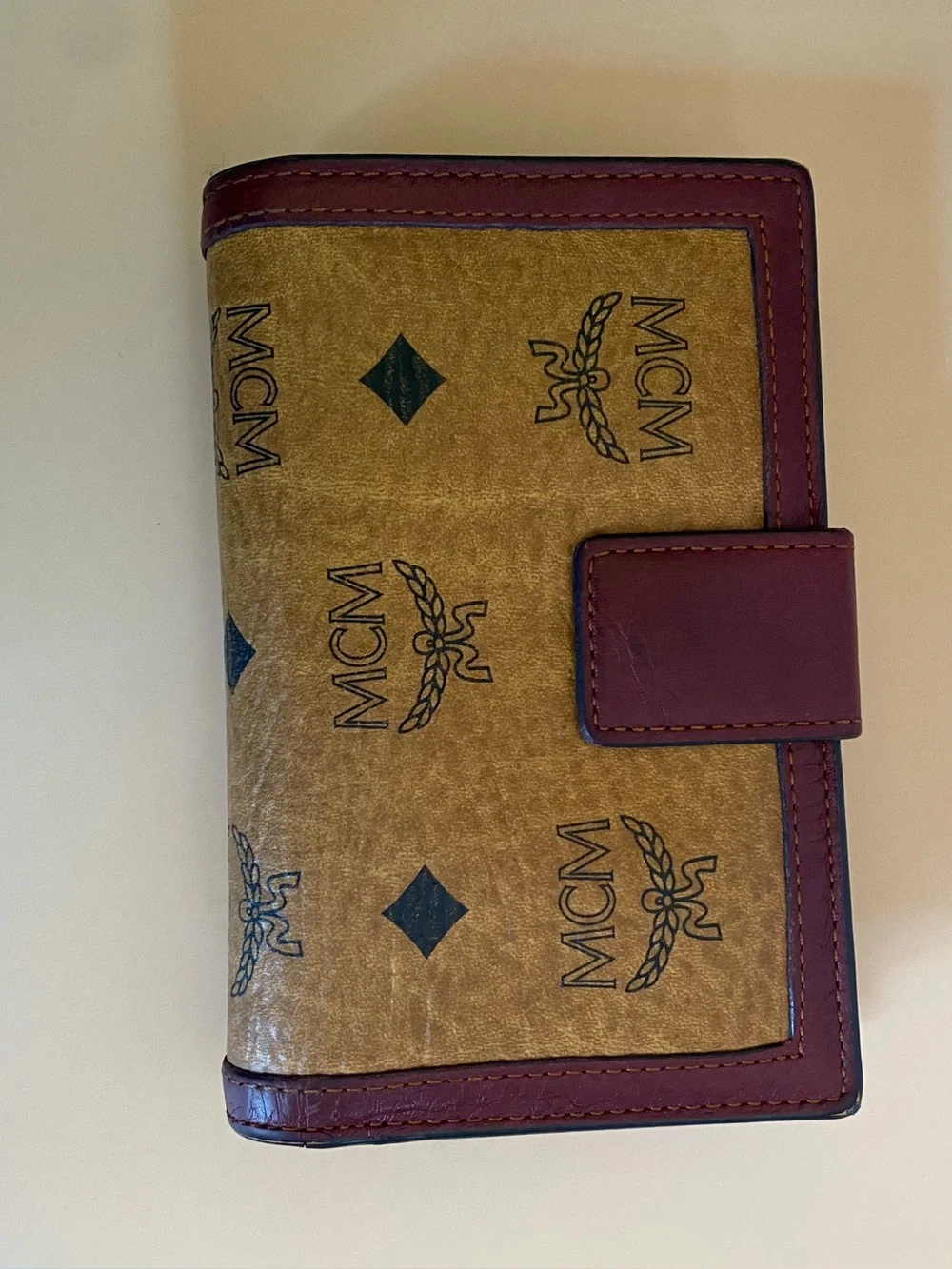 MCM Two-Tone Trifold Leather Continental Wallet in Burgundy and Cognac Brown
